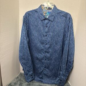 Robert Graham Shirt Mens L Blue Stripe Geometric Flip Cuff Button Up Long Sleeve